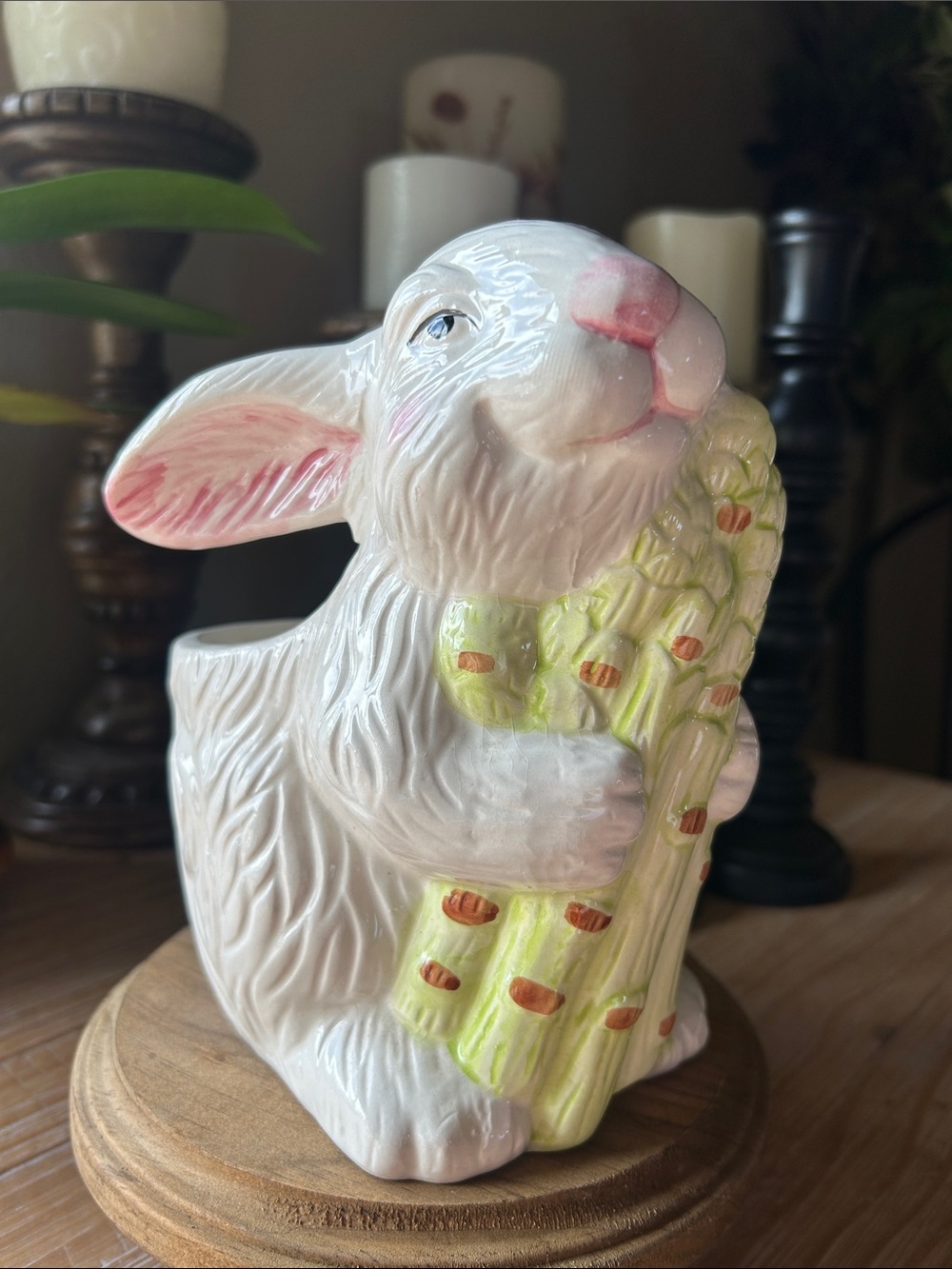 Large White Bunny Holding Bundle Asparagus Planter / Utensil Holder.